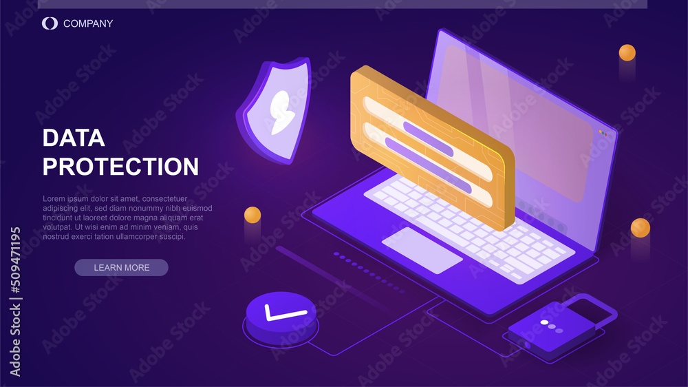 Poster personal data security concept. digital system for protecting information on device with closed lock