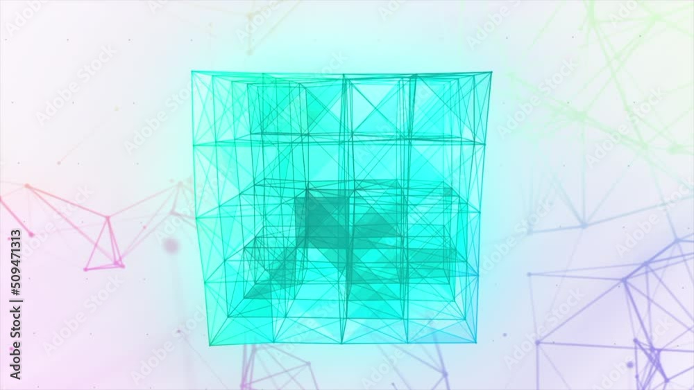 Poster artificial intelligence creating blue gradient plexus cubic 3d figure. motion. glowing beautiful tra