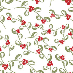 Vector. Merry Christmas, Happy New Year seamless pattern with mistletoe leaves, berries, holly branches. Seamless winter background. Design for wrapping paper, greeting cards, textiles, branding.
