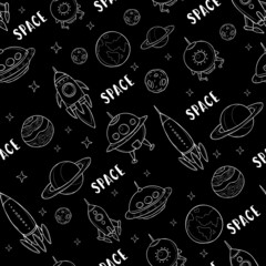 Naklejka na ściany i meble Vector seamless pattern with space objects, astronaut and spaceships, doodle style, cartoon design