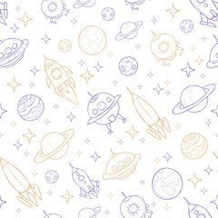 Vector seamless pattern with space objects, astronaut and spaceships, doodle style, cartoon design