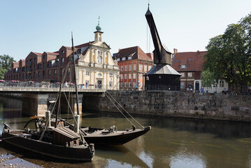 Old harbour of Lüneburg with ancient wooden crane