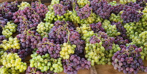 Image of red and green fresh grapes shown at a farmer's market in Sicily, Italy.