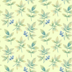 Seamless abstract pattern of leaves and berries painted in watercolor. Botanical pattern on a bright abstract background.