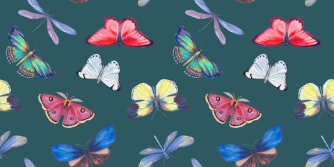 Plakat Seamless pattern Watercolor butterflies on a bright background. Botanical background of butterflies for design, wallpapers, wrapping paper, textiles.