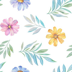 Watercolor flowers and leaves are collected in a seamless pattern isolated on a white background.