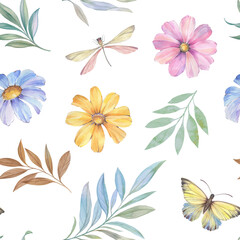 Seamless background of flowers, butterflies, leaves, painted in watercolor, processed in a digital program.