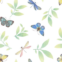 Seamless pattern painted in watercolor in digital processing. Abstract background of butterflies, dragonflies and leaves.