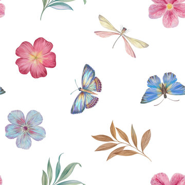 Seamless background of flowers, butterflies, leaves, painted in watercolor, processed in a digital program.