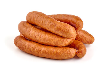 Smoked german bratwurst sausages, isolated on white background.