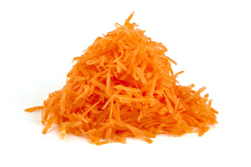 Grated carrot, isolated on white background.