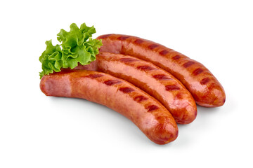 Grilled bavarian sausages, isolated on white background.