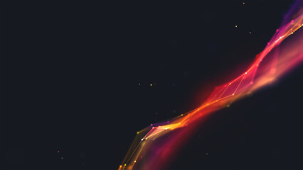 Neon background frame. Design wave of glow cosmic energy flow. Texture plexus of chaotic lines, dots, particles. Northern lights. Milky Way. Glitter stars. Poster presentation, technology, business.