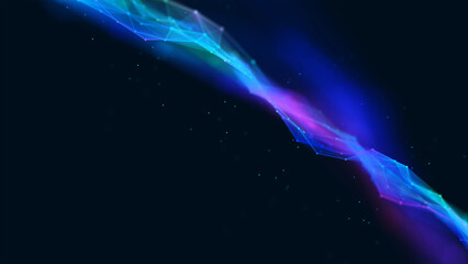 Neon background frame. Design wave of glow cosmic energy flow. Texture plexus of chaotic lines, dots, particles. Northern lights. Milky Way. Glitter stars. Poster presentation, technology, business.