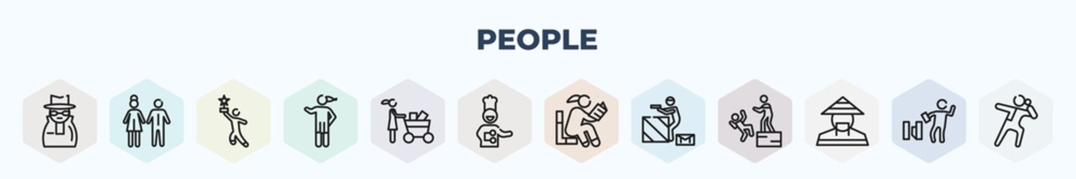 Thin Line People Icons Set. Outline Icons Such As Gangsters, Parents, Cinema Award, Getting Dressed, Woman With Shopping Cart, Chef Uniform, Sitting Man Reading, Criminal Heist, Chinese Man, Shot Put