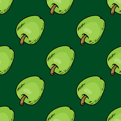 Seamless pattern with positive apples on dark green background. Vector image.