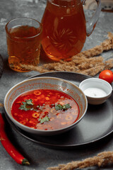 Traditional russian Solyanka or saltwort soup. Selective focus. photo for the menu, traditional food