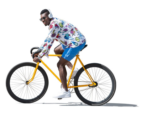 Man With Headphones Riding A Trendy Yellow Bike And Listening To Music, Isolated On White Background