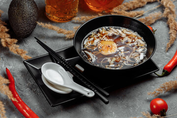 ramen with chicken and pork, SHOYU RAMEN chicken and pork with noodles