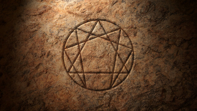 Enneagram symbol on a background of a rocky surface illuminated by a central spot light. Elegant and mysterious ambience in brown tones. 3D Rendering