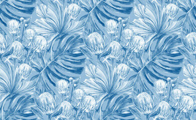 Blue seamless watercolor pattern with protea flowers and monstera leaves for textile surfaces design textiles