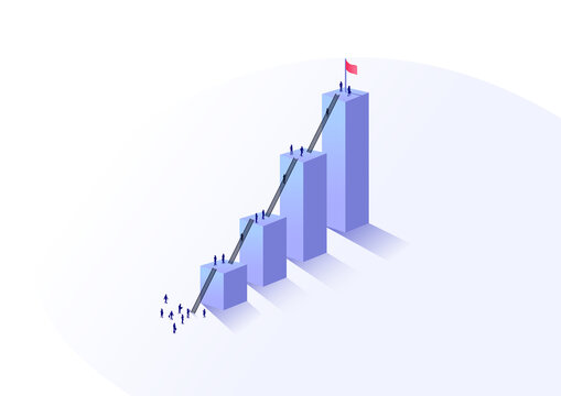 Concept of business growth and personal growth. Workforce climbing a bar chart using ladders to reach the top. Isometric vector illustration of a group of people from bird's eye view.