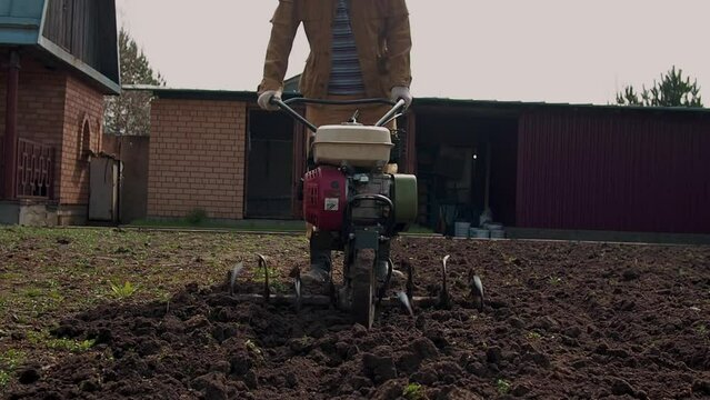 Farmer cultivates the ground soil in the garden using a motor cultivator or tiller tractor. Modern farming and technology agriculture. 