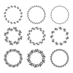 Illustration of collection of assorted circle shaped black frames made of plants on white isolated background