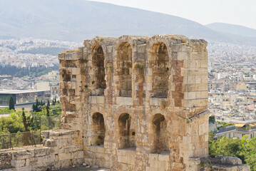 Fototapeta na wymiar Ruins of temples on the Acropolis hill, Athens, Greece 2022