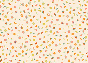 Tropical pattern made with citrus fruits, kiwis, oranges and lemons in fun colorful, perfect for fabrics and decoration