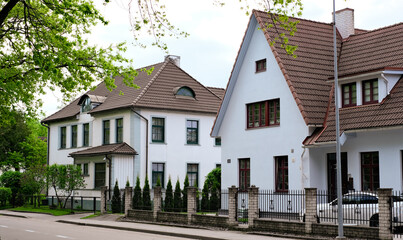 The resort town of Parnu in Estonia with beautiful wooden houses with triangular roofs