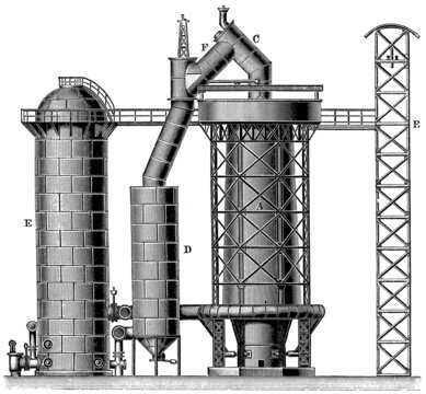 Blast furnace with top elevator tower, top gas cleaning system and hot blast stove. Publication of the book "Meyers Konversations-Lexikon", Volume 2, Leipzig, Germany, 1910
