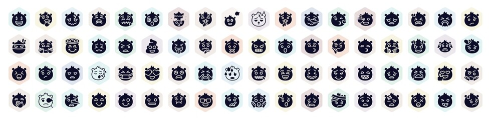 Obraz premium emoji filled icons set. glyph icons such as rich emoji, headache emoji, quiet love angry hugging slightly frowning ill icon.