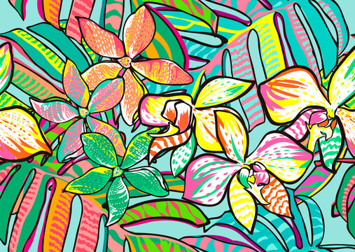 pattern of a tropical artwork, with multicolored hand drawn elements perfect for fashion and decoration