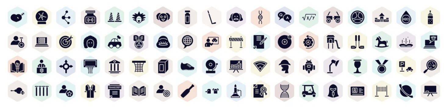 Back To School Filled Icons Set. Glyph Icons Such As Treason, Molecules, Reusable Bottle, Equation, Toy Car, Golf Equipment, Juice Box, Car Park, Hand Puppet Icon.