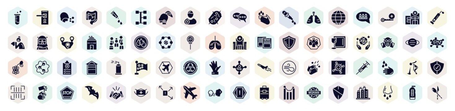filled icons set. glyph icons such as test tube, cough, patient, pneumonia, crowd, save the world, no flight, vomit, virus transmission icon.