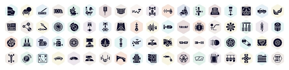 car parts filled icons set. glyph icons such as car trim, car handbrake, bonnet, transmission, disc brake, sprocket, fuel gauge, sunroof or sunshine roof, bucket seat icon.