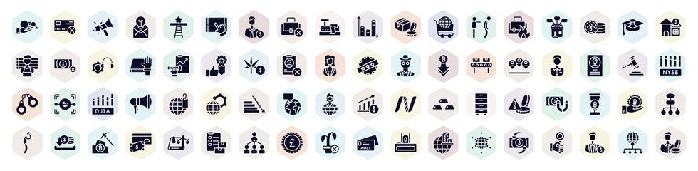crowdfunding filled icons set. glyph icons such as corruption, favourites, unemployed, fired, forecast, shop assistant, fallen, receive, ungrowth icon. - obrazy, fototapety, plakaty
