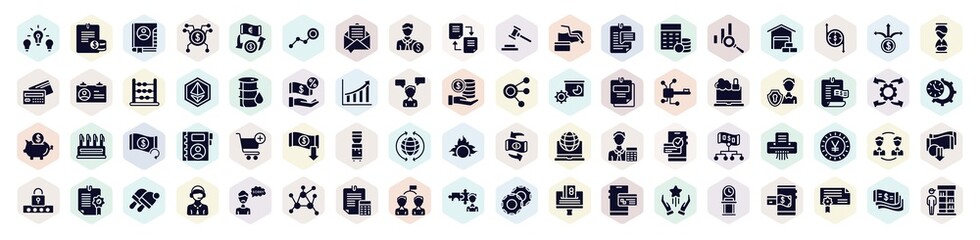business filled icons set. glyph icons such as difference, address book, banker, budgeting, oil barrel, personal security, water dispenser, peer to peer, cooperate icon.