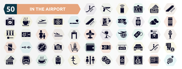 in the airport filled icons set. glyph icons such as or going down, ors up, smoking, two clouds with different size, plane landing, luggage tag, compass with white face, gate, bus service, - obrazy, fototapety, plakaty