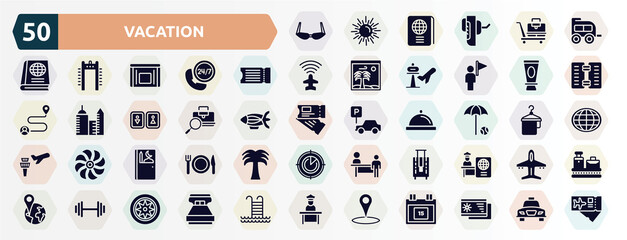 vacation filled icons set. glyph icons such as old fashion glasses, two window carriage, fly ticket, skin sunscreen, baggage verification, beach umbrella and beach ball, prayer room, bag for travel,