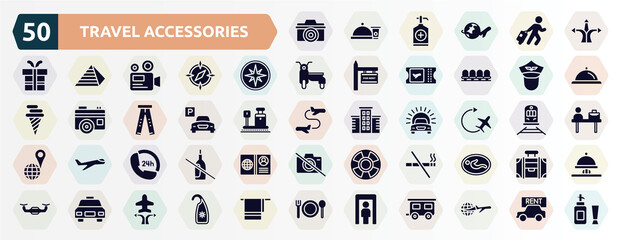 travel accessories filled icons set. glyph icons such as digital camera, directions arrows, compass with cardinal points, pilot of airplane, parking hotel, airplane, 24 hours phone attention
