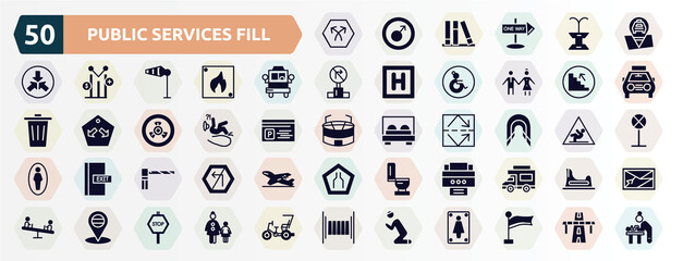 public services fill filled icons set. glyph icons such as bifurcation, taxi stop, bus front with driver, upstairs, slip, tunnel, parking barrier, portable printer, placeholder point, praying icon.