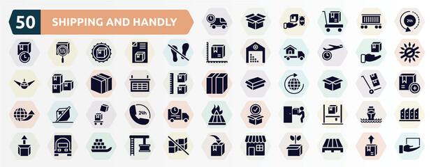 shipping and handly filled icons set. glyph icons such as logistics times, 24 hours delivery, do not stand on, delivery package, organizing grid, package delivery, overflow, doorstep, frontal truck,