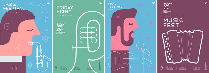 Music poster. Saxophonist. Tuba. Accordion. A man plays the guitar.  A set of vector illustrations. Minimalistic design. Cover, print, banner, flyer.