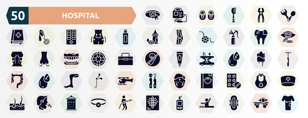 hospital filled icons set. glyph icons such as infection, spoon and fork, body oil, caries, life saver, type b, legs, baby book, breath, glucometer icon.