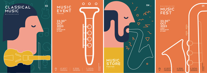 Music poster. Violinist. Flute. Saxophone. Saxophonist. Jazz festival.  A set of vector illustrations. Minimalistic design. Cover, print, banner, flyer. - obrazy, fototapety, plakaty