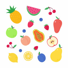 A set of different fruits and berries. Collection of organic vitamins and healthy nutrition. Watermelon, pineapple, apple, strawberry. Color flat vector illustration isolated on a white background.