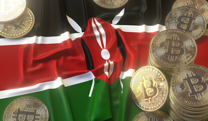 Bitcoin tokens and flag of Kenya. Cryptocurrency related 3D rendering