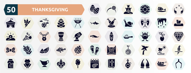 thanksgiving filled icons set. glyph icons such as eggs, juggling, , thaw, african drums, monster, watermelon, unicycle, toad, bible icon.